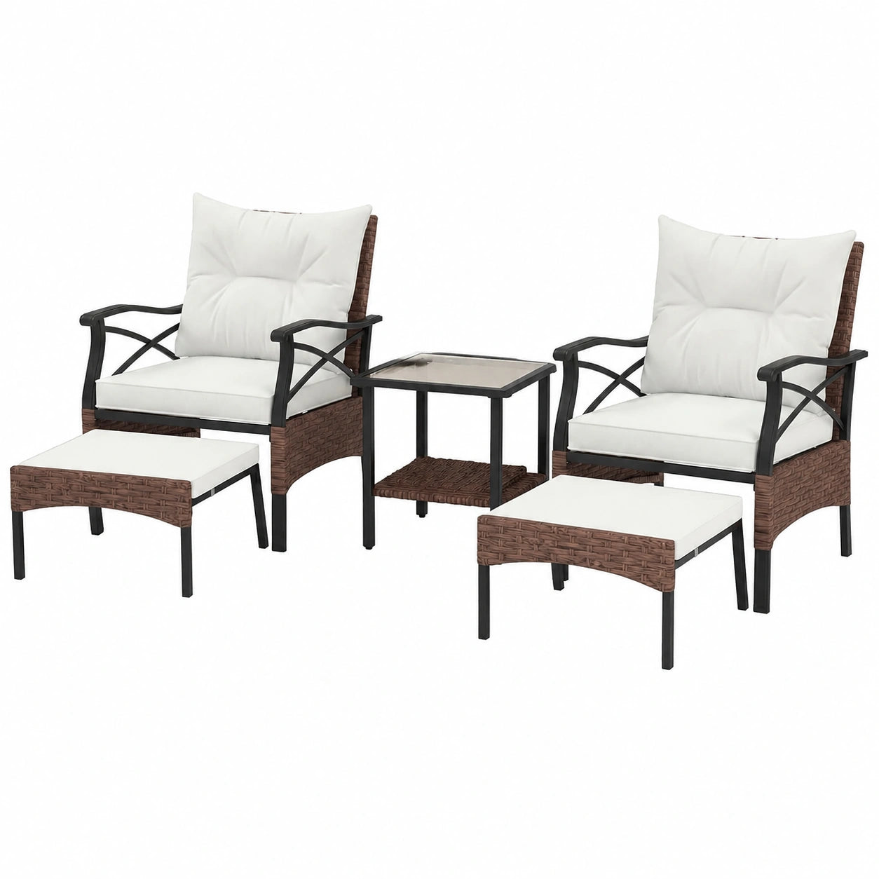 Salon de jardin, en verre trempé et résine tressée, avec 2 chaises, coloris beige et marron, 5 pièces, pour la terrasse ou le jardin