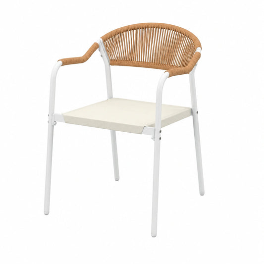 Chaise, en métal et résine tressée, coloris blanc et beige, pour la salle à manger ou la cuisine
