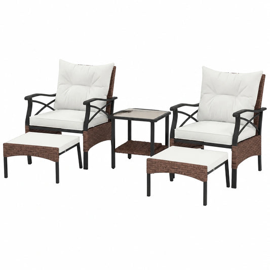 Salon de jardin, en verre trempé et résine tressée, avec 2 chaises, coloris beige et marron, 5 pièces, pour la terrasse ou le jardin