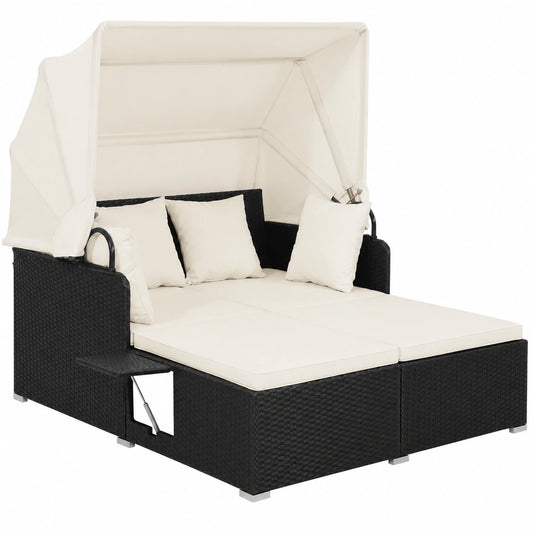 Chaise longue, pliable, en résine tressée, 2 places, coloris blanc, pour la terrasse ou le jardin