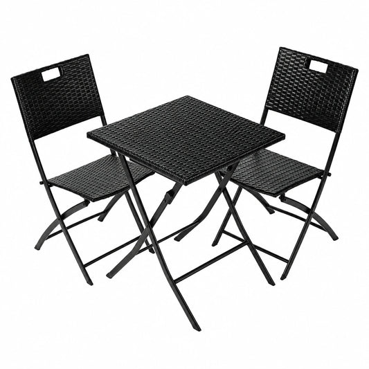 Salon de jardin, en résine tressée, pliable, coloris noir, 3 pièces, pour la terrasse ou le jardin