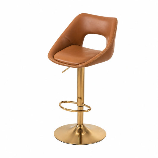 Chaise, pivotant, réglable, en cuir, coloris marron et doré, pour la salle à manger ou la cuisine